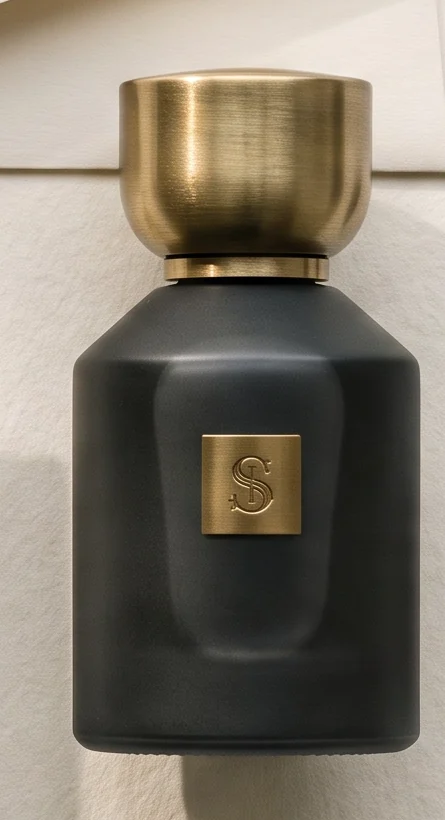 50ml matte charcoal flacon with a brushed brass collar and a gold monogram plaque.