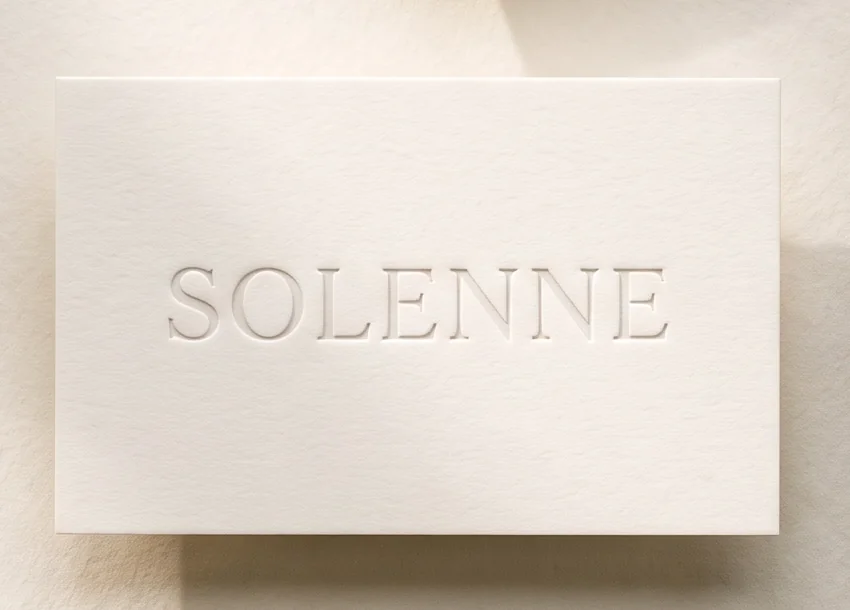 Business card on 600gsm cotton stock with the wordmark blind-debossed, no ink.