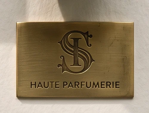 Etched brass plate carrying the S monogram above the words Haute Parfumerie.